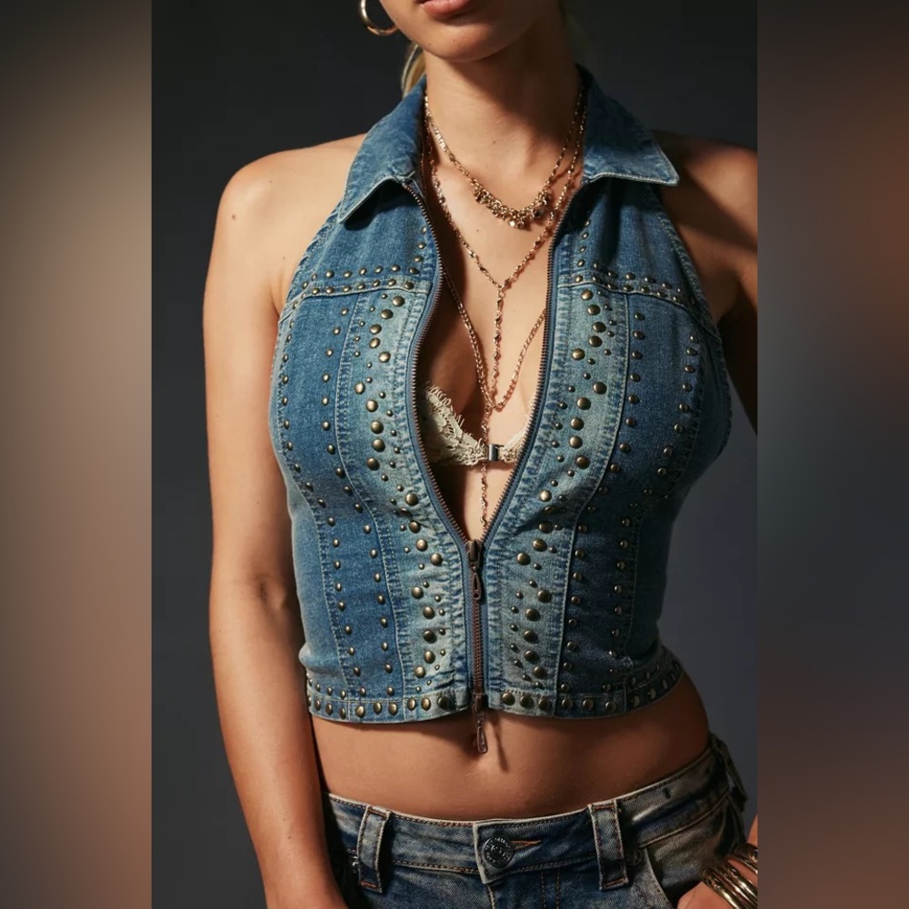 UO Julia Studded Open-Back Cropped Denim Vest Top Sold Out Sz M